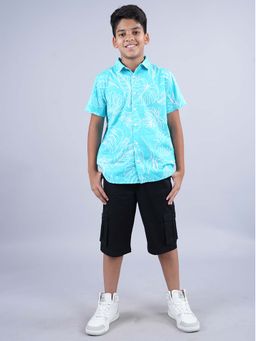 KiddoPanti - Boys Turquoise Printed Half Sleeve Shirt and Cargo Short (Set of 2)