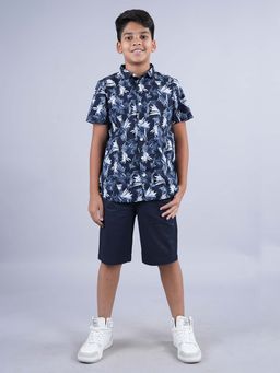 KiddoPanti - Boys Navy Blue Printed Half Sleeve Shirt and Shorts (Set of 2)