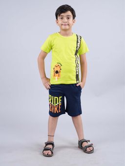 KiddoPanti - Boys Green Hot Summer Printed T-Shirt and Ride Bike Shorts (Set of 2)