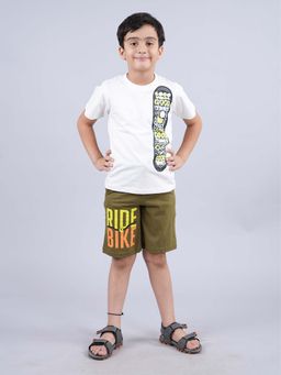 KiddoPanti - Boys White Skate Board Printed T-Shirt and Ride Bike Shorts (Set of 2)