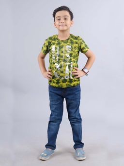 KiddoPanti - Boys Green Space Walk Printed T-Shirt and Denim Pant (Set of 2)