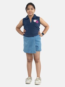 KiddoPanti - Girls Applique Embellished Polo Tee and Denim Over Lap Skorts (Set of 2)
