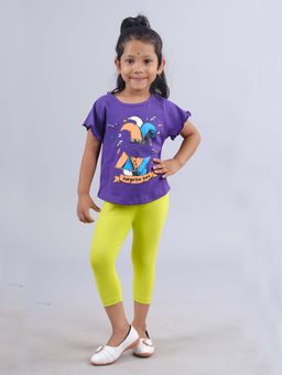 KiddoPanti - Girls Purple Printed T-Shirt and Solid Capri Legging (Set of 2)