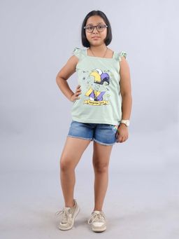 KiddoPanti - Girls Green Printed Frill Sleeve Square Neck Top and Shorts (Set of 2)