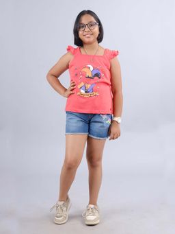 KiddoPanti - Girls Red Printed Frill Sleeve Square Neck Top and Denim Shorts (Set of 2)