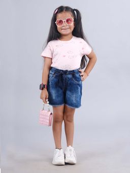 KiddoPanti - Girls Pink Printed Half Sleeve T-Shirt and Denim Hot Shorts (Set of 2)