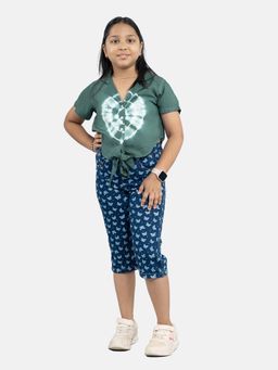 KiddoPanti - Girls Green Tie Up Shirt and Denim Capri (Set of 2)