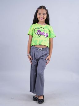 KiddoPanti - Girls Green Crop Tie and Dye Tee and Wide Leg Pant (Set of 2)