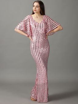 SHOWOFF - Womens Embellished V-Neck Pink Maxi Dress