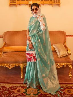 Akhilam - Womens Silk Blend Turquoise Woven Designer Saree with Unstitched Blouse