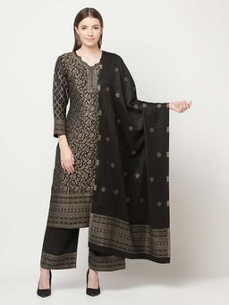 Safaa - Womens Winterwear Rayon Acro Wool Kurta & Palazzo Black Color Unstitched Material With Dupatta
