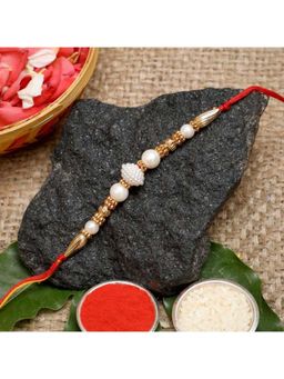 eCraftIndia - White & Golden Designer Pearls Rakhi with Roli Chawal