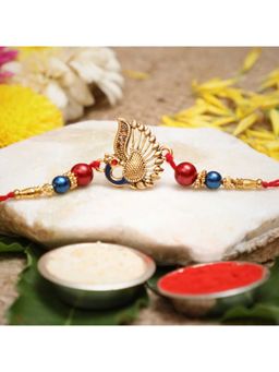 eCraftIndia - Red, Blue & Golden Designer Peacock Rakhi for Brother with Roli Chawal