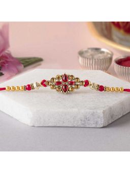 eCraftIndia - Red & Golden Designer Kundan Rakhi with Roli Chawal