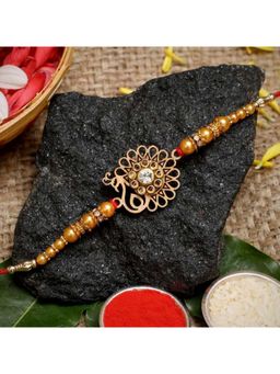 eCraftIndia - Red & Golden Designer Peacock Rakhi with Roli Chawal