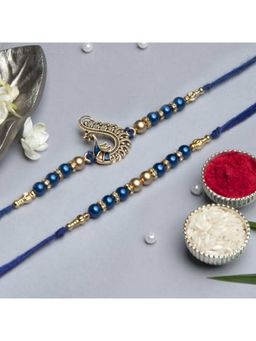 eCraftIndia - Blue & Golden Pearls and Peacock Designer Rakhi's with Roli Chawal