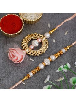 eCraftIndia - Golden, Peach & White Designer Bhaiya Bhabhi Rakhi with Roli Chawal