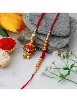 eCraftIndia - Orange & Red Gota Patti Work Handmade Bhaiya Bhabhi Rakhi with Roli Chawal