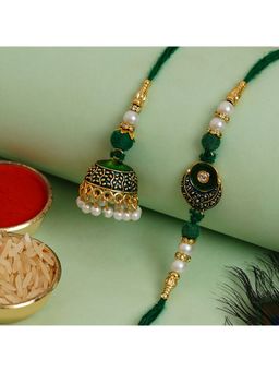 eCraftIndia - Green, White, & Golden Meenakari Bhaiya Bhabhi Rakhi's with Roli Chawal