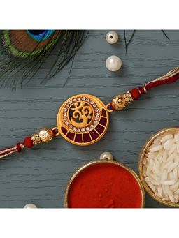 eCraftIndia - Red & Golden Religious Om Symbol Designer Rakhi for Brother with Roli Chawal