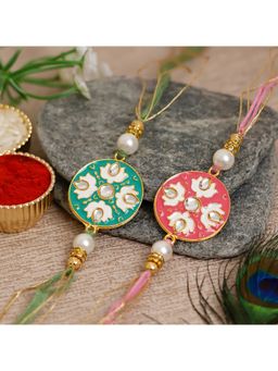 eCraftIndia - Blue & Peach Meenakari Designer Rakhi's with Roli Chawal
