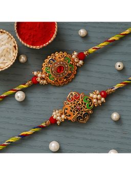 eCraftIndia - Multicolour Floral Designer Kundan Rakhi for Brother with Roli Chawal