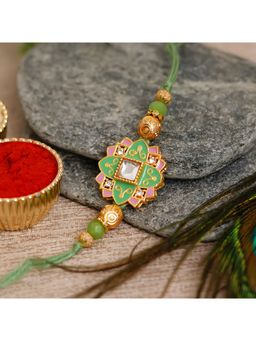 eCraftIndia - Green, Pink & Golden Meenakari Designer Rakhi for Brother with Roli Chawal