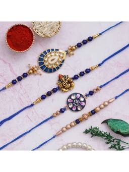 eCraftIndia - blue, Golden Pearls, Lord Ganesha, Om Symbol Religious Designer Rakhi's with Roli Chawal