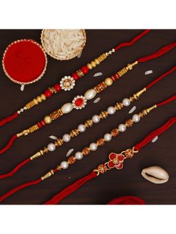 eCraftIndia - red, Golden & White Beads, Pearl, Diamond, Floral Designer Rakhi's with Roli Chawal