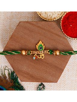 eCraftIndia - Green & Golden Om & Peacock Feather Religious Rakhi for Brother with Roli Chawal