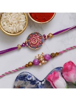 eCraftIndia - Purple & Golden Om Symbol and Pearl Designer Rakhi's with Roli Chawal