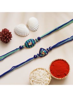 eCraftIndia - Green and Blue Pearl Diamond Designer Rakhi for Brother with Roli Chawal