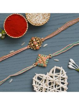 eCraftIndia - Peach, Green & Golden Pearls, Designer Rakhi's with Roli Chawal