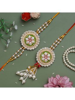 eCraftIndia - Diamonds, Pearls Floral Designer Bhaiya Bhabhi Rakhi with Roli Chawal