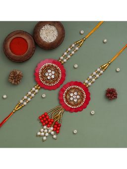 eCraftIndia - Red & White Pearls, Designer Bhaiya Bhabhi Rakhi with Roli Chawal