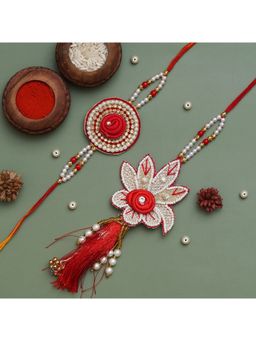 eCraftIndia - White and Red Pearls and Beautiful Floral Designer Bhaiya Bhabhi Rakhi with Roli Chawal