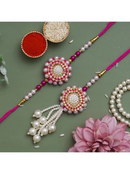 eCraftIndia - White, and Pink Beautiful Floral Designer Bhaiya Bhabhi Rakhi with Roli Chawal