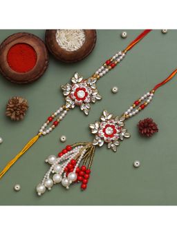 eCraftIndia - White and Red Pearls, Beautiful Designer Bhaiya Bhabhi Rakhi with Roli Chawal