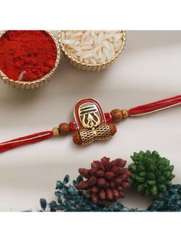 eCraftIndia - Red, Brown Lord Shiva Shivling, Damru and Rudraksha Religious Rakhi with Roli Chawal