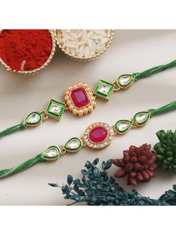 eCraftIndia - Pink and Green Kundan Designer Rakhi's, with Roli Chawal
