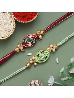 eCraftIndia - Brown and Pista Green Pearls, Beads, Designer Rakhi's, with Roli Chawal