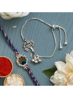 eCraftIndia - Silver & Colorful Peacock Feather Rakhi and Tree Design Bracelet Rakhi, & Roli Chawal