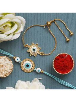 eCraftIndia - floral, Evil Eye Rakhi and Bracelet, with Roli Chawal - Rakhi for Brother and Bhabhi