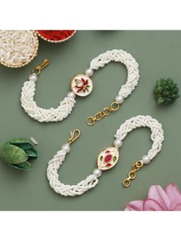 eCraftIndia - white Pearls, Beads Beautiful Lotus, Floral Designer Bracelet Rakhi's, with Roli Chawal