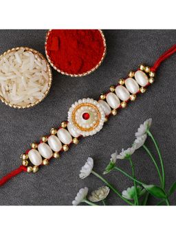 eCraftIndia - Designer Pearls Rakhi for Brother with Roli Chawal and Raksha Bandhan Greeting Card