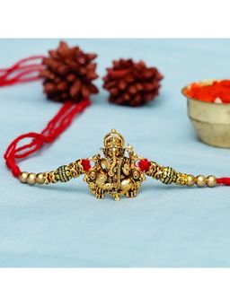 eCraftIndia - Golden Religious Designer Ganesha Rakhi for Brother with Red Thread, with Roli Chawal