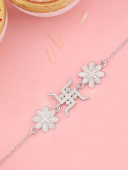 Ornate Jewels - 925 Silver Floral Swastik Rakhi Bracelet for Brother with Roli Chawal