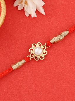 Ornate Jewels - 925 Silver Freshwater Pearl 18K Gold Plated Thread Rakhi for Brother with Roli Chawal