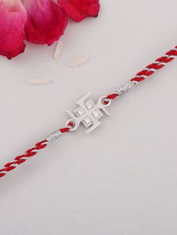 Ornate Jewels - 925 Silver American Diamond Swastik Thread Rakhi for Brother with Roli Chawal