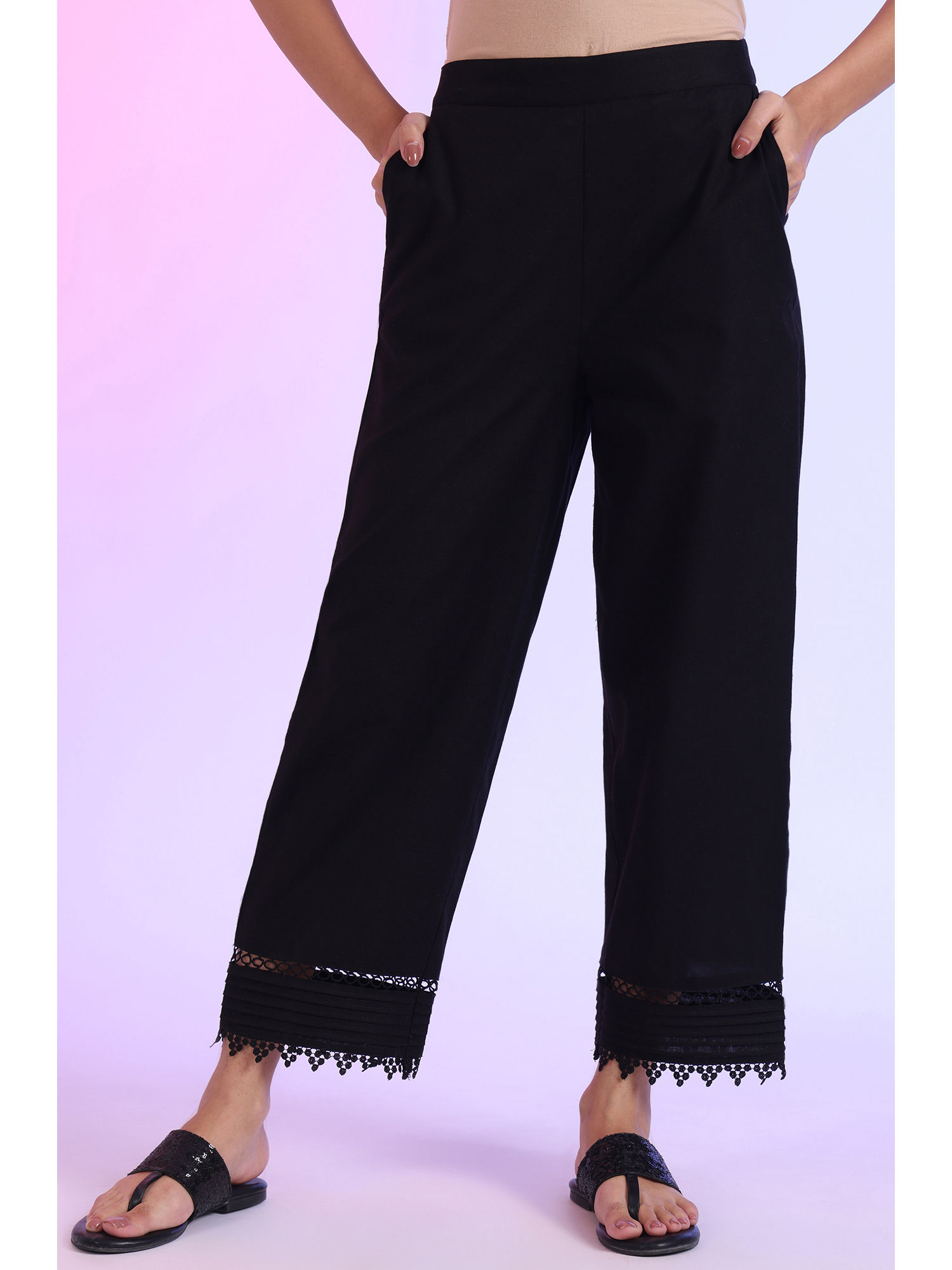 aurelia Women Black Solid Cotton Flaxe Ankle Length Palazzos with Lace-picture-29